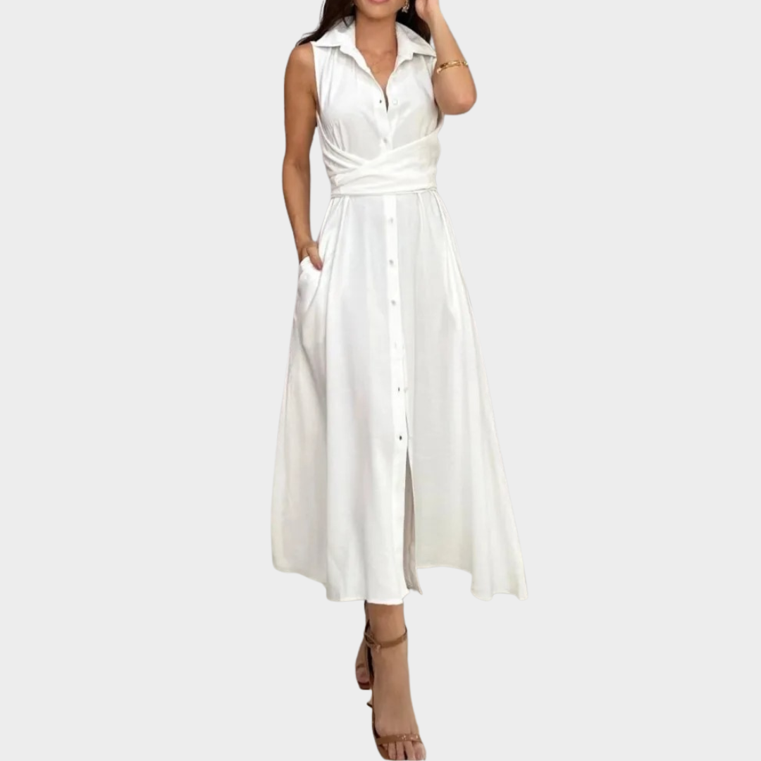 Women Shirt Dress – Sleeveless Lapel Design with Waist Tie and Button-Front – Multiple Colours