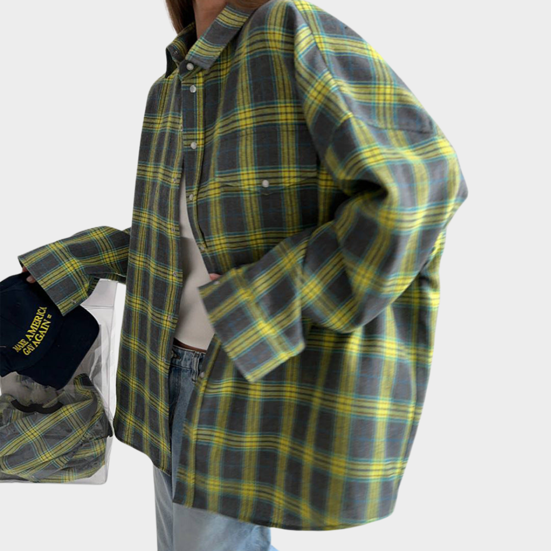 Women’s Retro Plaid Loose-Fitting Shirt – Long-Sleeved Lapel Shirt – Soft Fabric – Multiple Colours