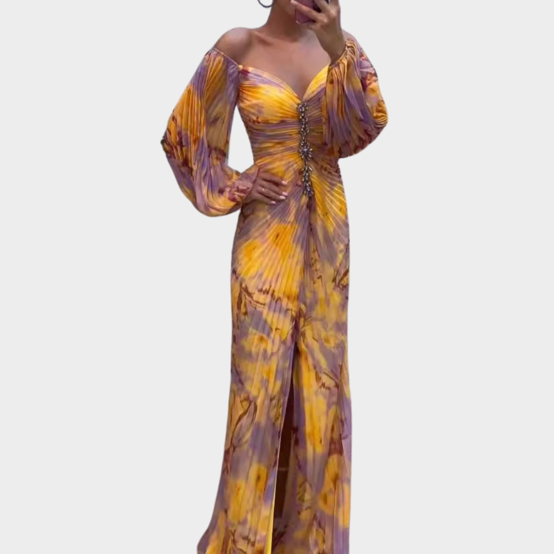 Women's Floor-Length Maxi Dress – V-Neck Long Sleeve Patchwork Print – Multiple Colours