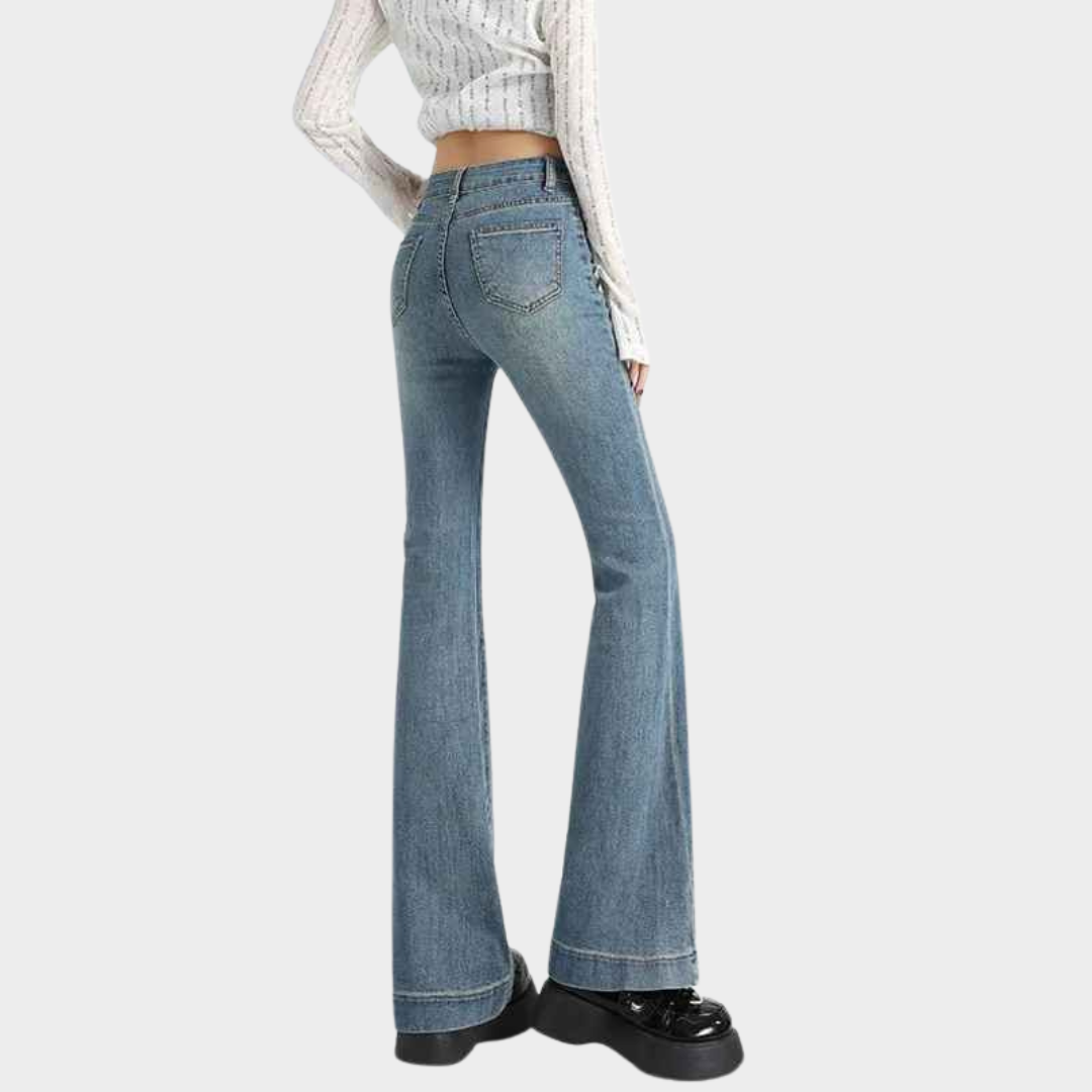 Women's High-Waist Flare Jeans - Slim Fit Bell Bottom Denim - Retro Style - Blue