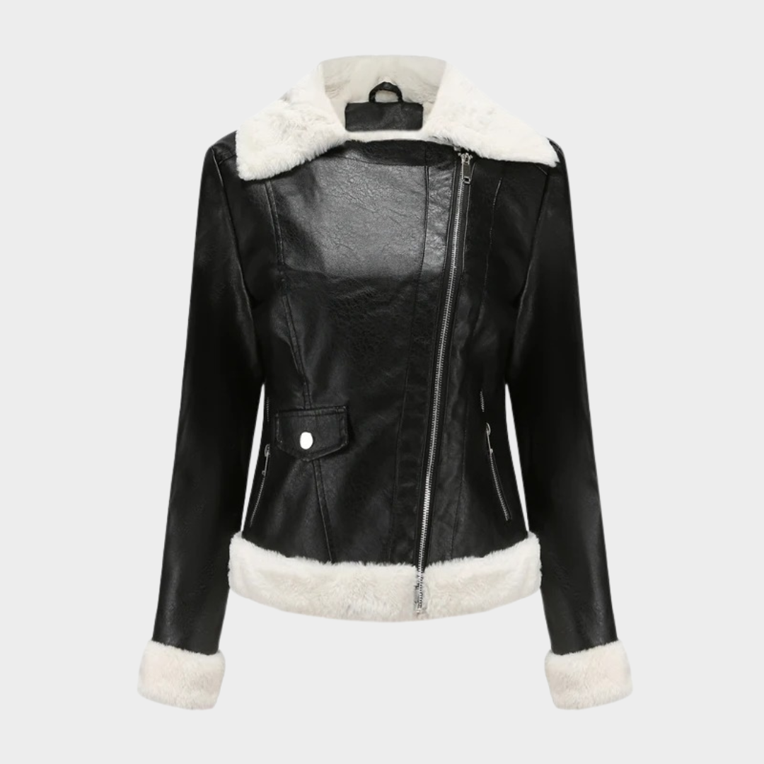 Women’s Fleece-Lined Leather Biker Jacket – Short Motorcycle Style with Warm Casual Fit – Multiple Colours