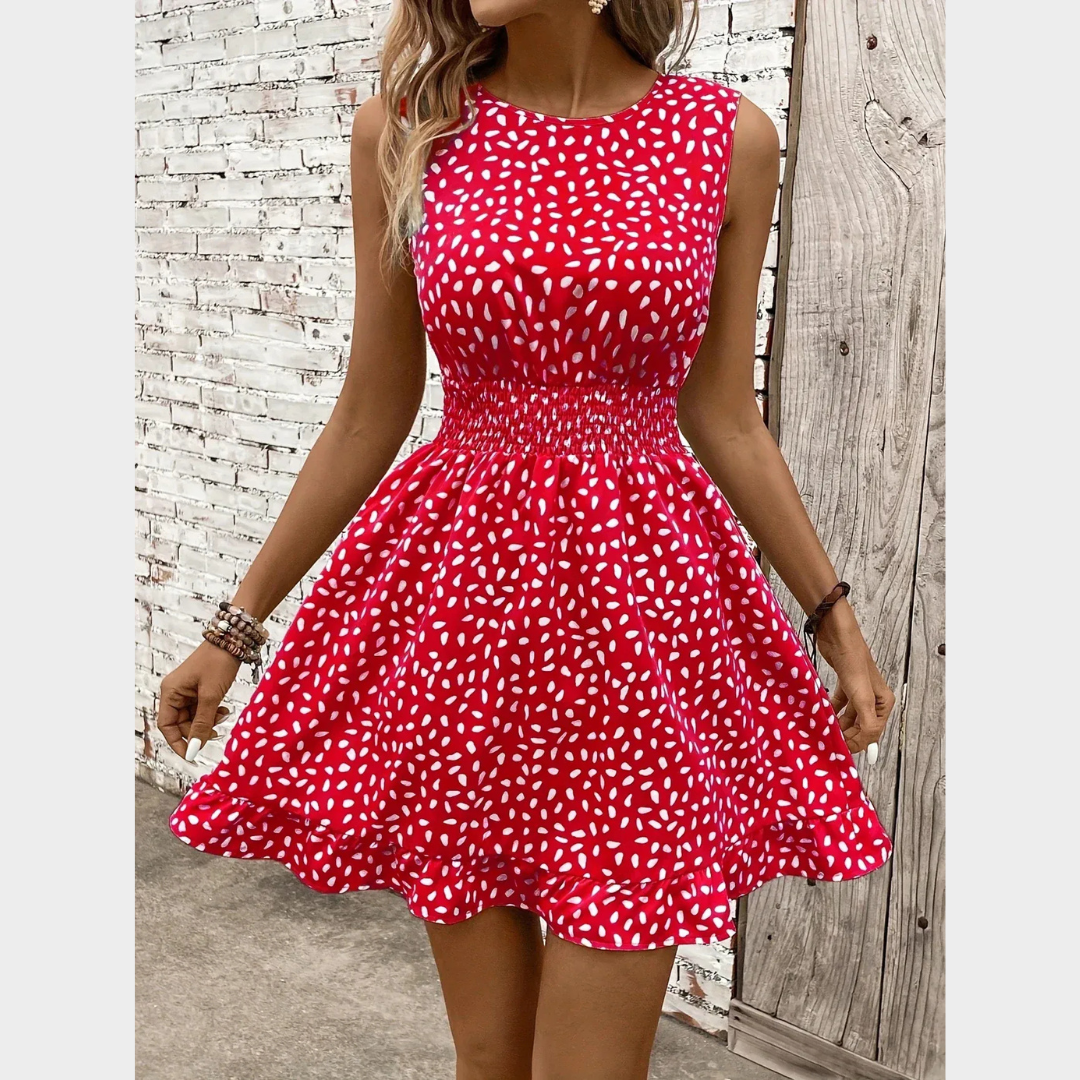 Women’s Sleeveless Printed Dress – Round Neck with Elastic Waist – Lightweight Polyester – Multiple Colours