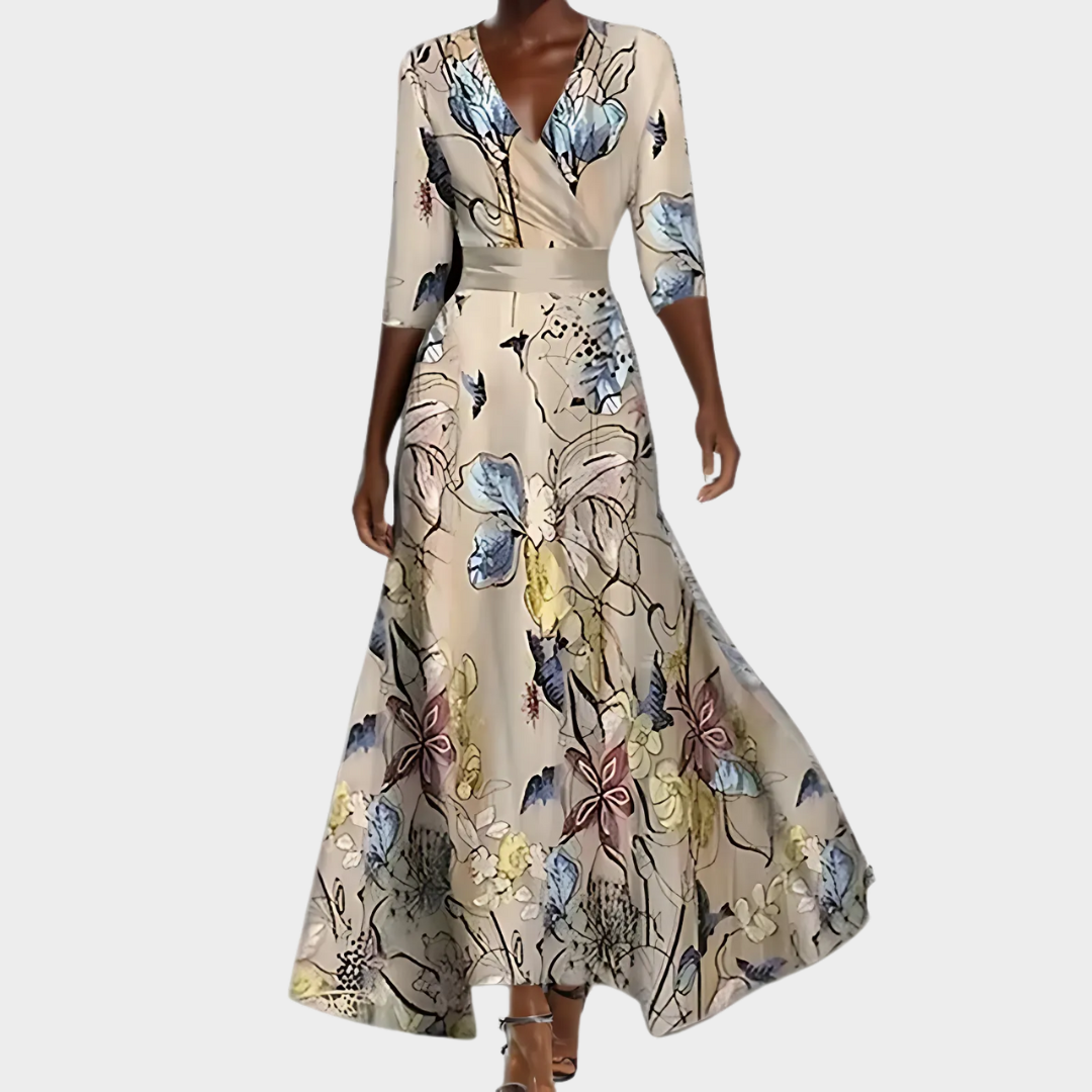 Women's V-Neck Maxi Dress – Short Sleeve – Printed – Champagne