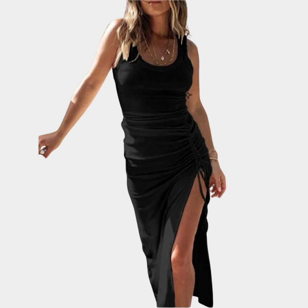 Women Sleeveless Tank Dress – Bodycon Fit – O-Neck – Midi Length – Drawstring Detail – Floral Print – Multiple Colours