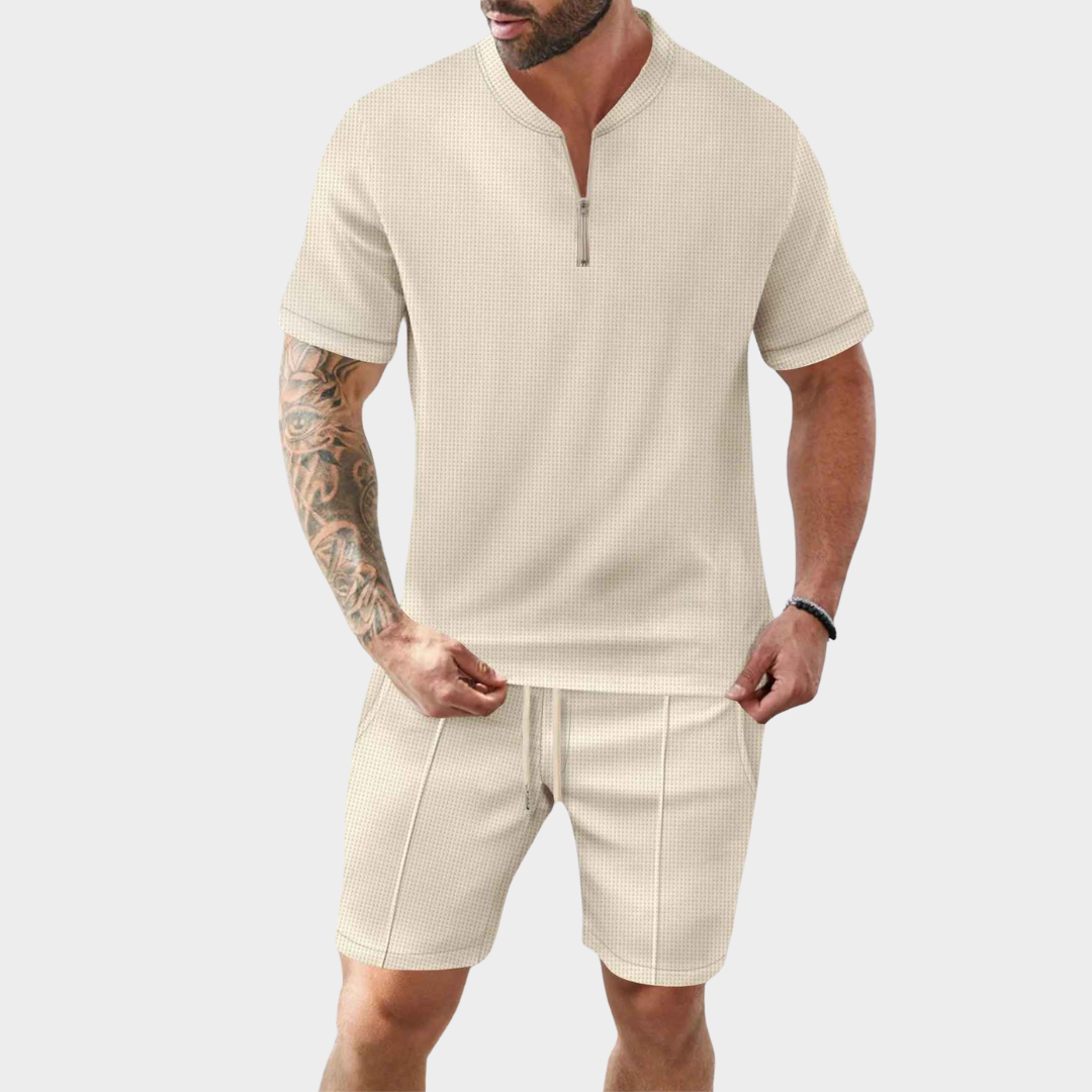 Men's Co-Ord Set – Waffle Textured Zip Collar Short Sleeve Shirt with Matching Shorts – Multiple Colours