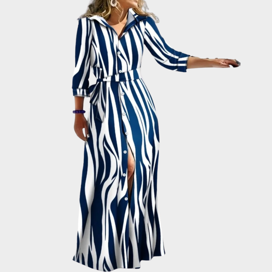 Women's Elegant Stripe Print Maxi Dress – Long Sleeve Shirt Dress – Lace-Up Waist Casual Vacation Wear – Multiple Colours