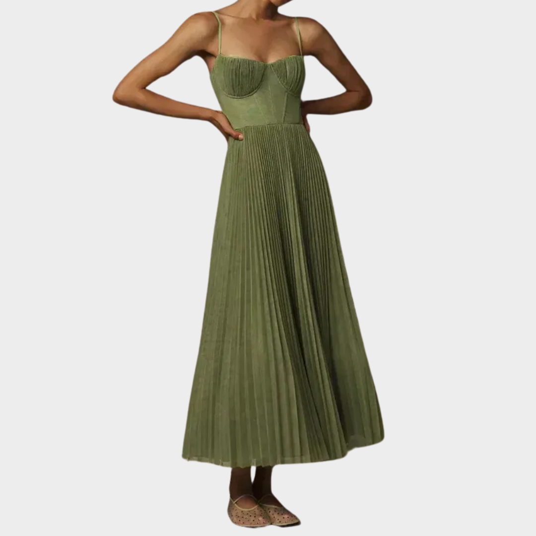 Women’s Strapless A-Line Long Dress – Pleated Zip-Back Fit with Hollow Detail – Lightweight Sleeveless Polyester – Green