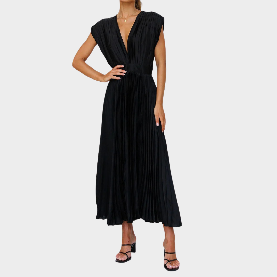 Women’s Pleated Maxi Dress – Sleeveless V-Neck Flowing Silhouette – Elegant Rayon Blend – Multiple Colours