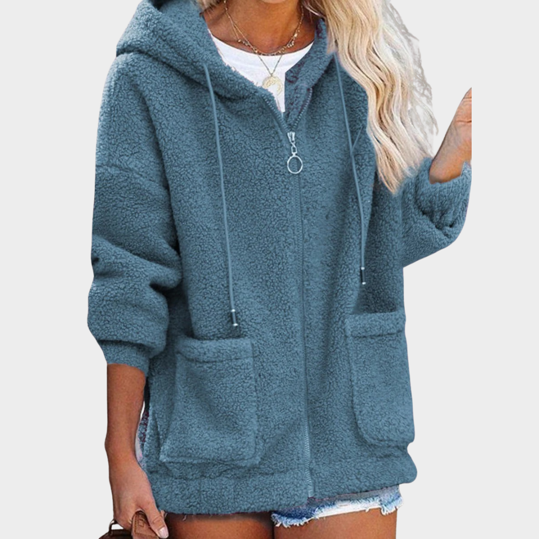 Women’s Plush Hoodie Jacket – Long Sleeve Zip Front Coat with Pockets Casual Outerwear – Multiple Colours