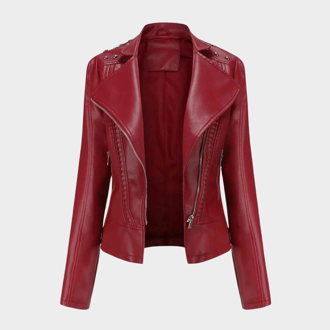 Women's Leather Jacket – Punk Rivet Moto Biker Style with Slim Fit and Turndown Collar – Multiple Colours