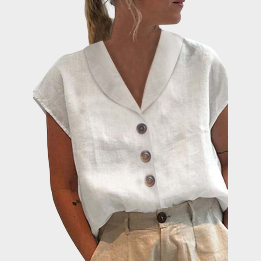 Women's Casual Cotton Linen Blouse – Single-Breasted Lapel – Half Sleeve – White