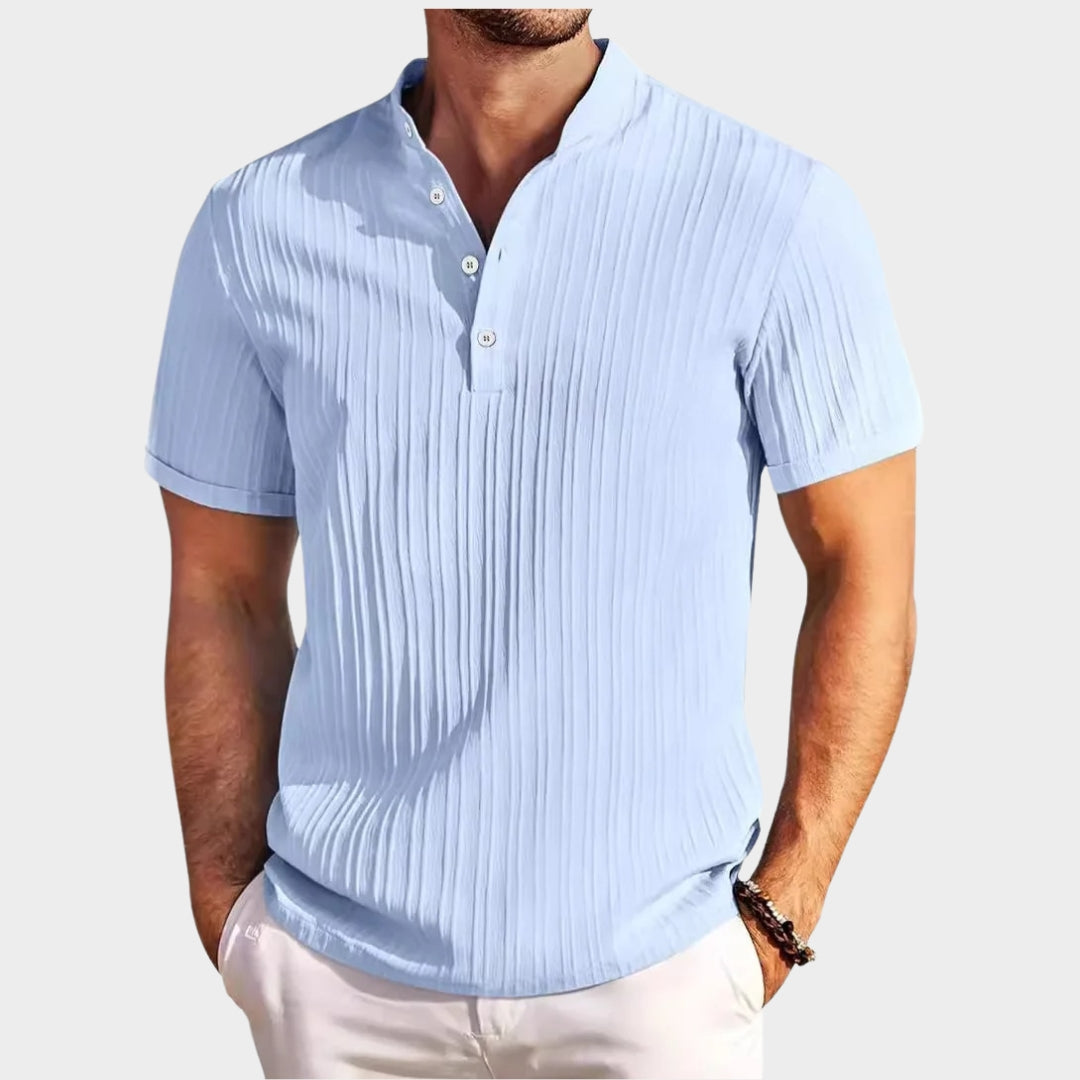 Men's Striped Henley Shirt - Cotton & Linen Blend - Short Sleeve - Breathable & Stylish - Multiple Colours