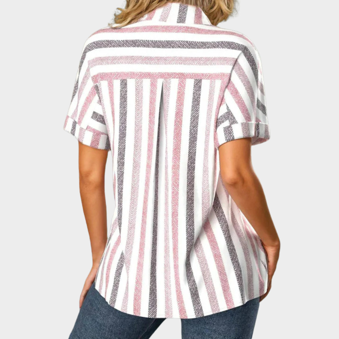 Women’s Striped Casual Blouse – Short Sleeve Button-Up Shirt – Cotton-Polyester Blend with Turn-Down Collar and Pocket – Multicolour