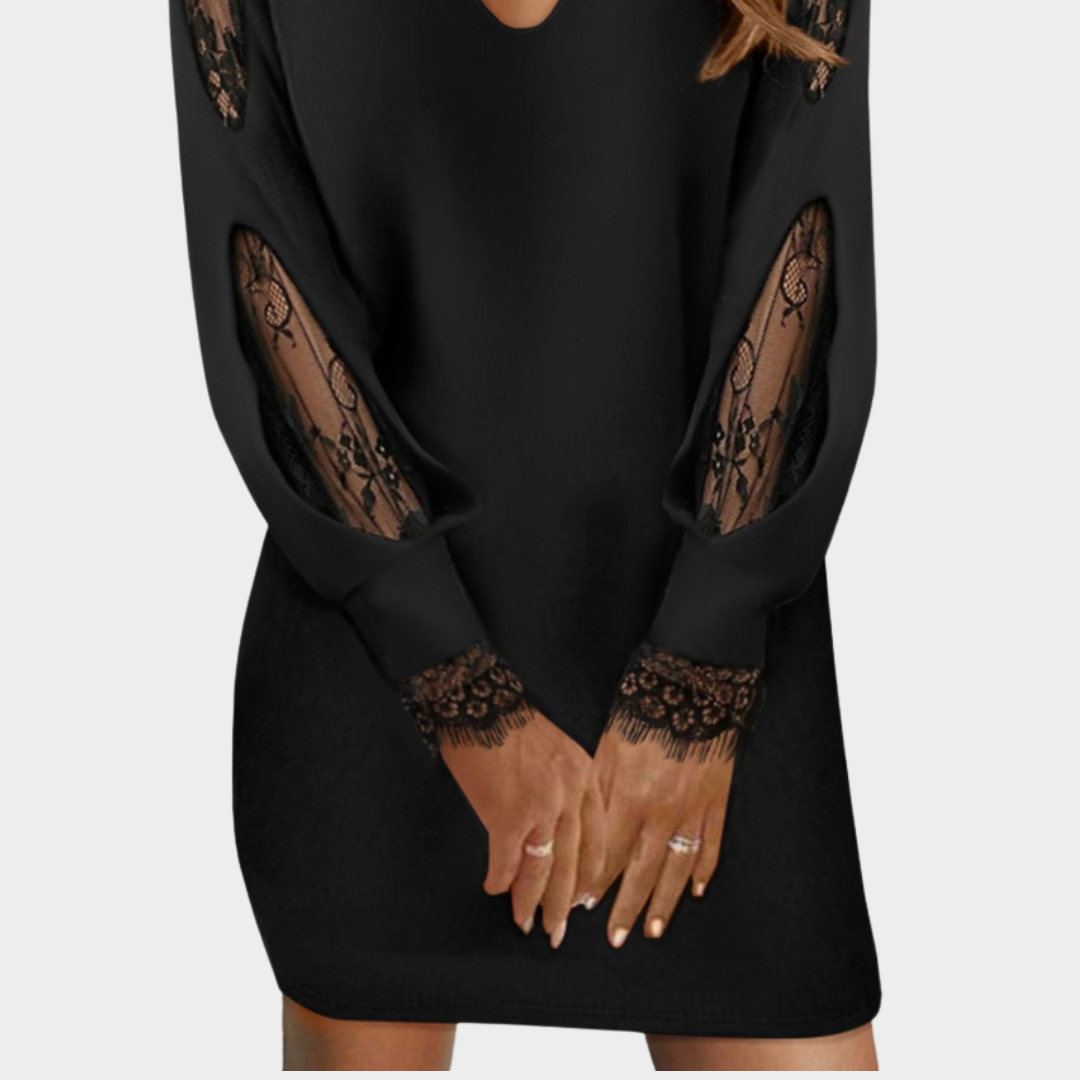 Women's Lace Patchwork Mini Dress – Hollow Out – Loose Fit – Elegant & Casual Party Wear – Soft & Comfortable – Black