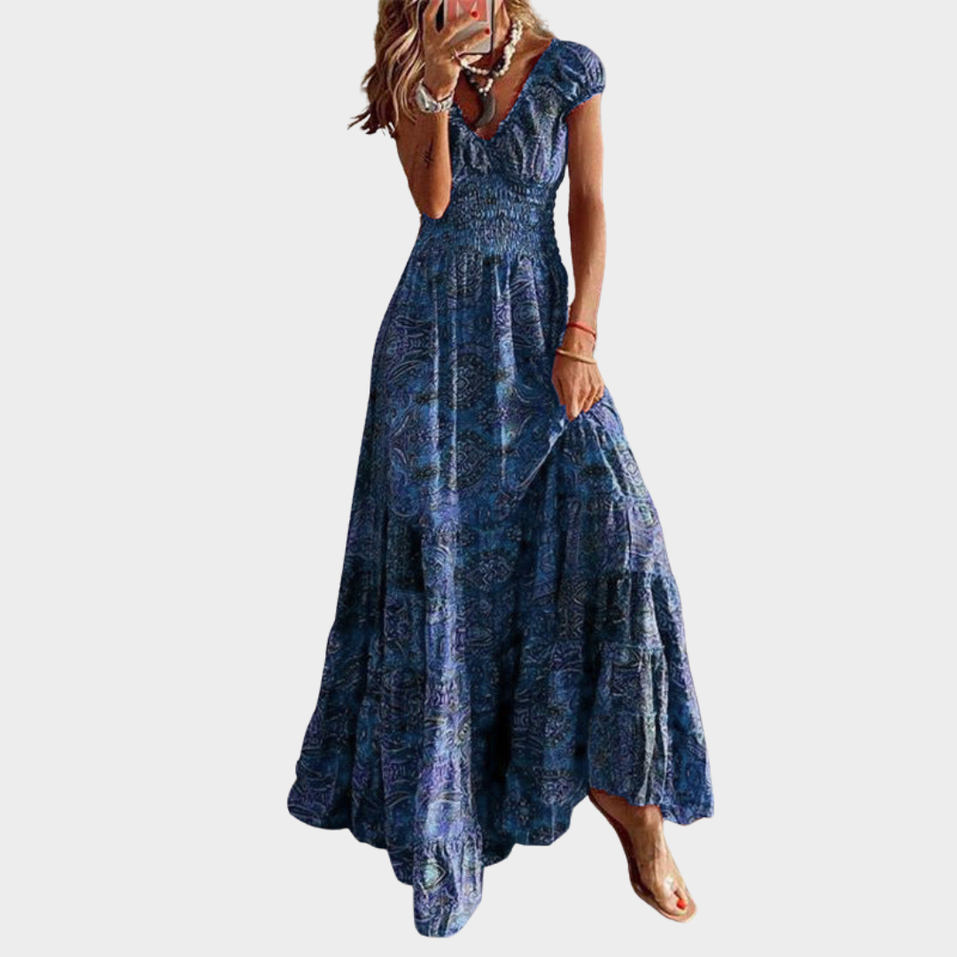 Women's Bohemian A-Line Dress – Floral Print – Petal Sleeves – Waistband – Multiple Colours