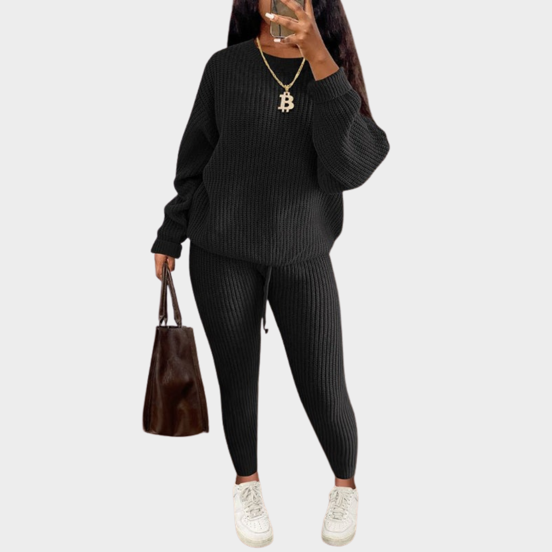 Women Two Piece Knitted Suit – Long Sleeve Top with Matching Pants – Elegant Casual Solid Wool Blend Outfit – Comfortable Fit – Multiple Colours