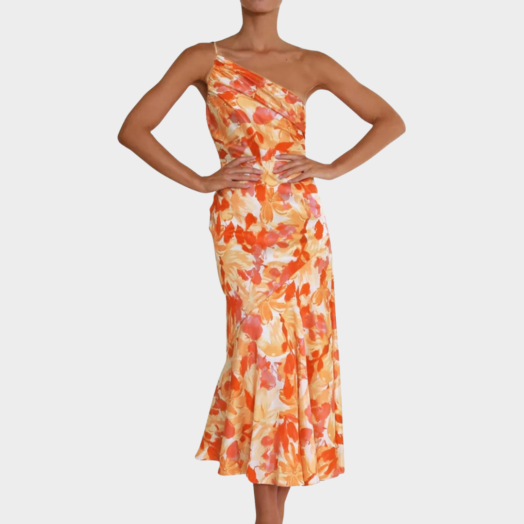 Women’s Oblique Shoulder Midi Dress – Floral Pleated Fit with Backless Spaghetti Strap Design – Lightweight Drape – Multiple Colours