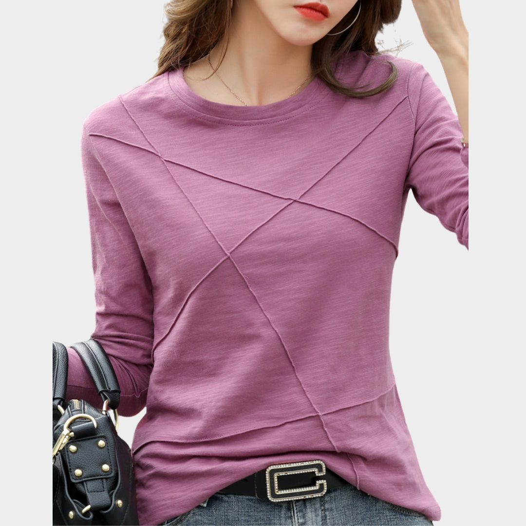 Women’s Long Sleeve T-shirt – O-neck, Loose Fit, Ribbed Bamboo Cotton, White, Blue, Green, Purple