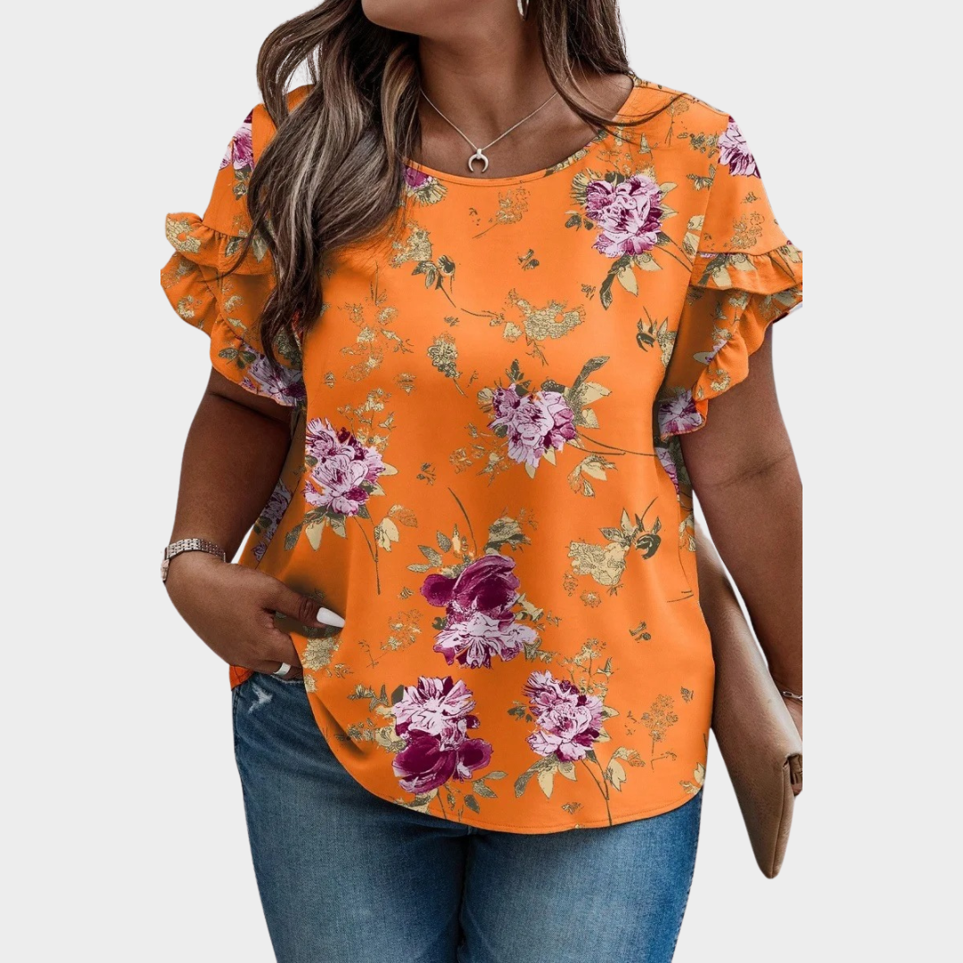Women's Floral Ruffle Sleeve Blouse – Short Sleeve Round Neck – Elegant Relaxed Fit Cotton-Polyester Blend – Multiple Colours