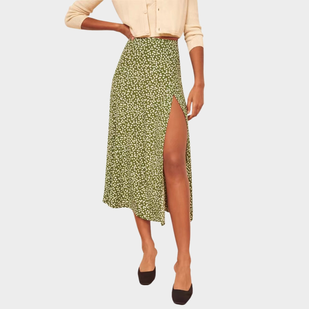Women's High Waist A-Line Skirt - Stretchy Split Long Skirt - Leopard Floral Polka Dot Print - Multiple Colours