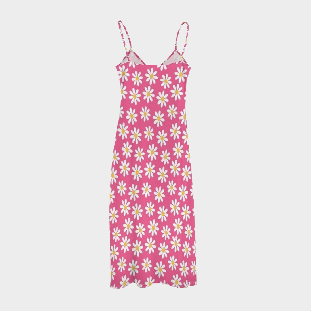 Women's Floral Maxi Dress - Sleeveless - V-Neck - Lightweight & Flowy - Pink with White Daisies