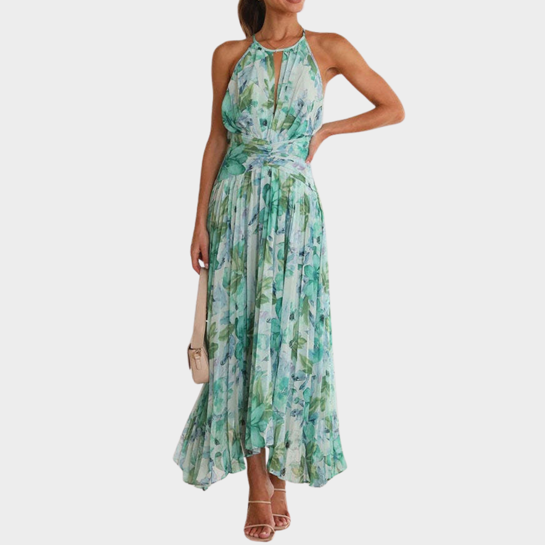 Women’s Halter Neck Backless Dress – Printed Sleeveless Fit with Irregular Hem – Lightweight Draped Fabric – Green