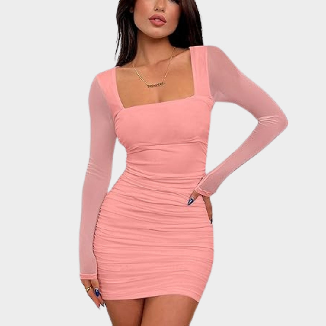 Women's Ruched Bodycon Mini Dress - Mesh Long Sleeves - Club Party Wear - Slim Fit - Multiple Colours