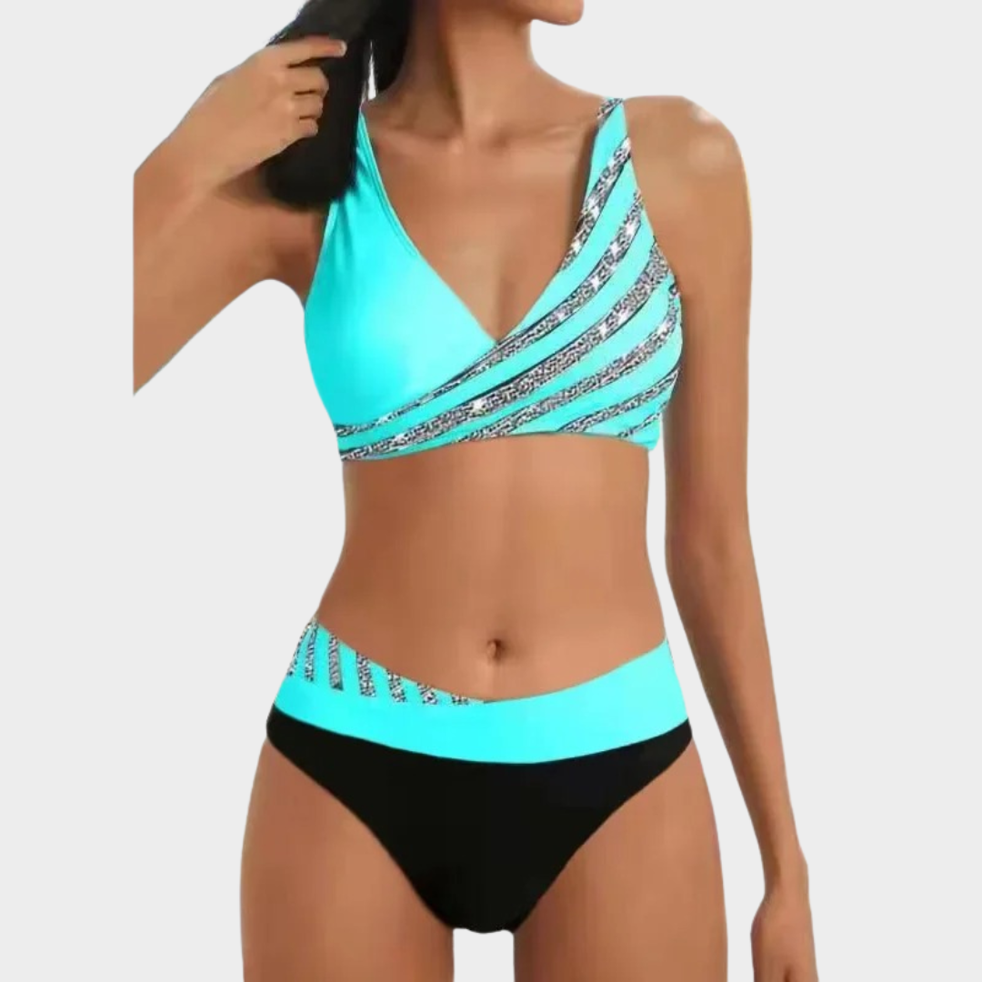 Women Two Piece Bikini Set – Lace Up Holiday Swimsuit with Diagonal Print – Shining Detail and Comfortable Fit – Multiple Colours