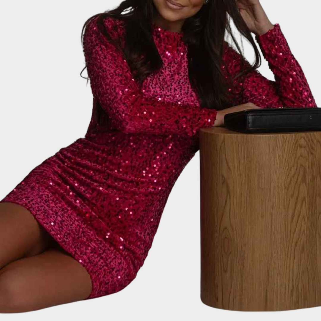 Women's Long Sleeve Mini Dress - Bling Sequin Wrap Party Dress - O-Neck Nightclub Style - Multiple Colours