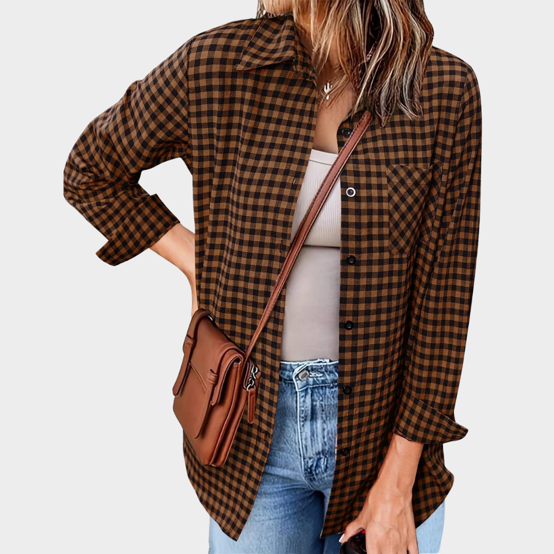 Women's Loose Plaid Shirt – Long-Sleeve Button-Up – Casual Lapel Top – Multiple Colours
