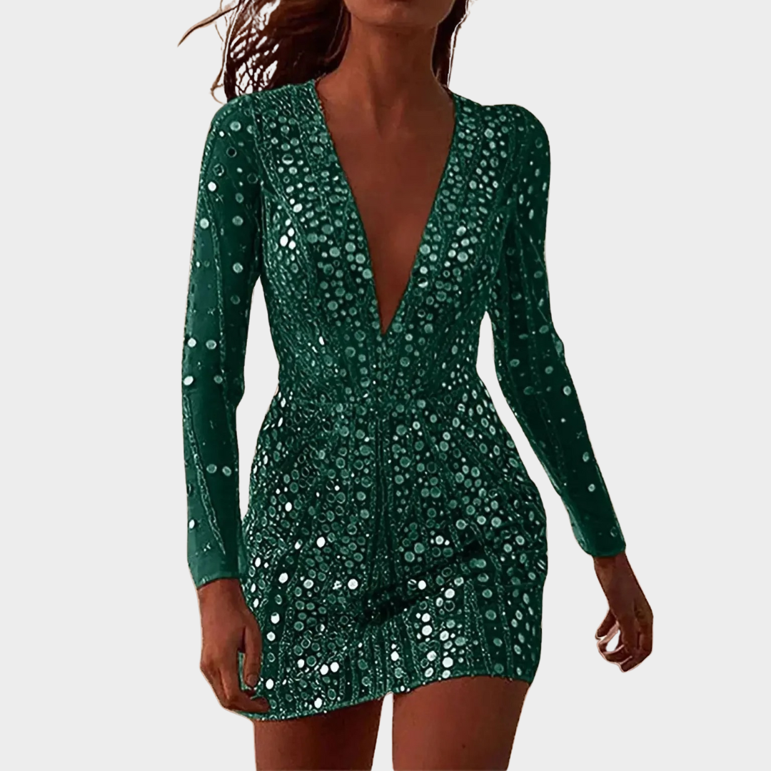 Women's Evening Dress – Deep V Neck – Transparent Sparkling Detail – Long Sleeve – Bodycon Fit – Multiple Colours