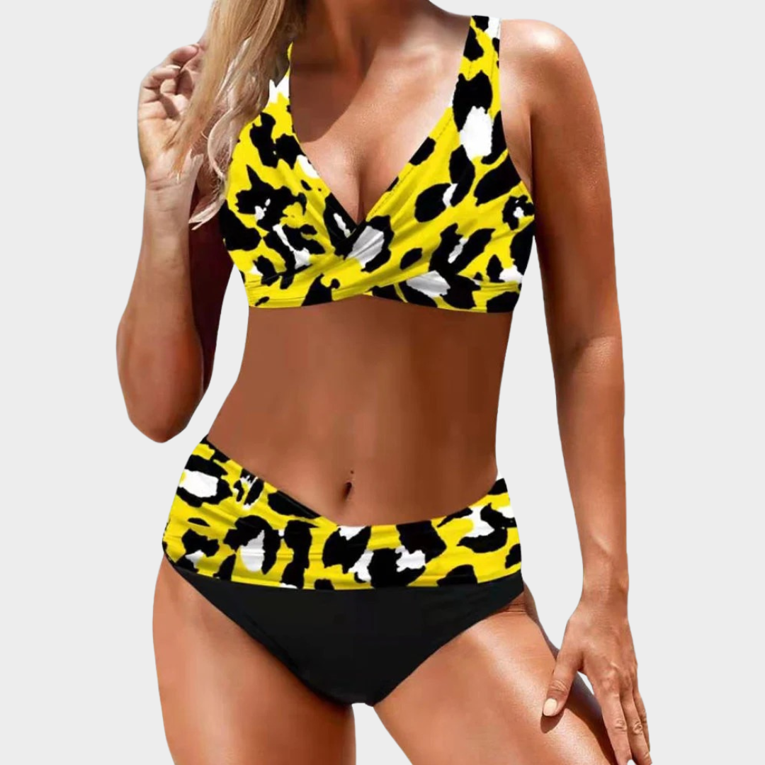 Women Two-Piece Bikini Set – Deep V-Neck Backless High Waist Swimwear – Stripe Print Stretch Fit – Multiple Colours