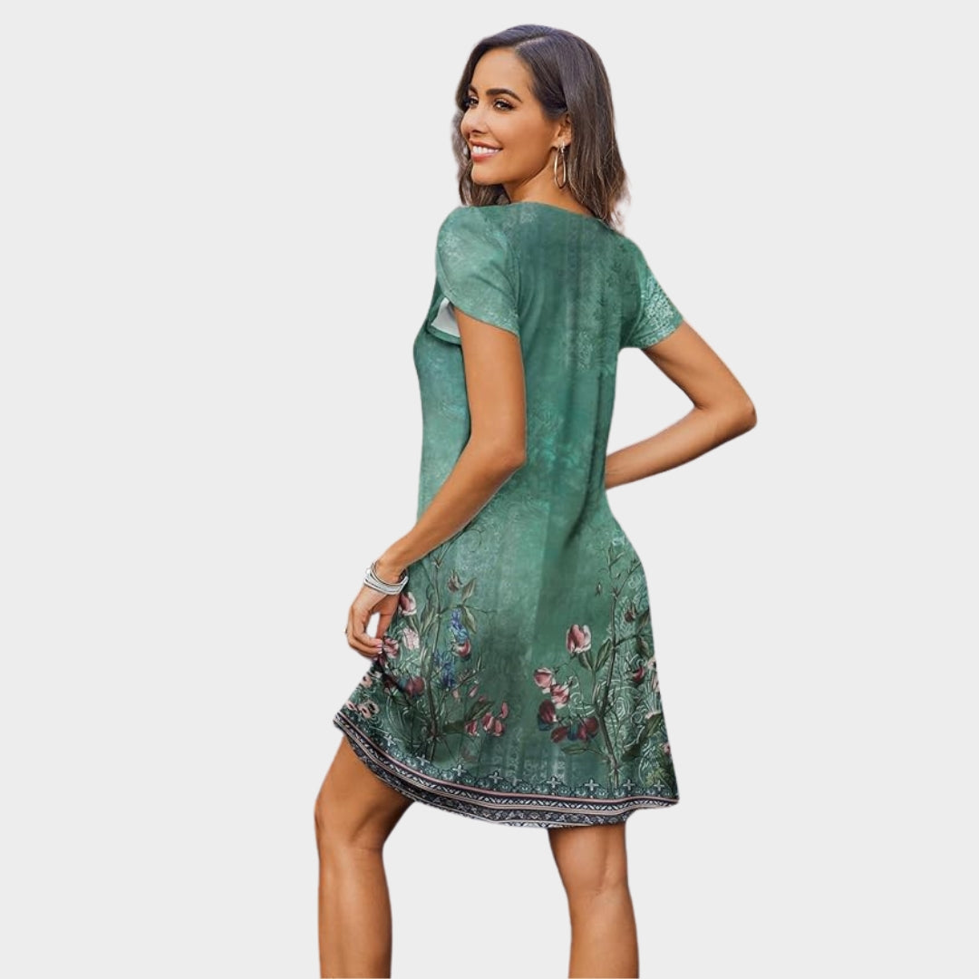 Women's Floral A-Line Mini Dress - Short Sleeve - Keyhole Neck - Casual & Flowy Sundress - Green