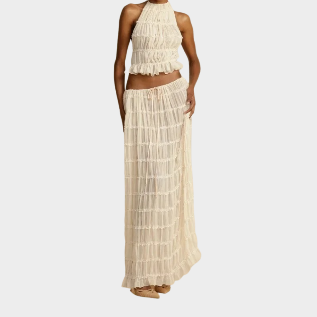 Women’s 2-Piece Halter Neck Skirt Set – Elegant Long Dress Style with Open-Back Top – Lightweight Fit – White