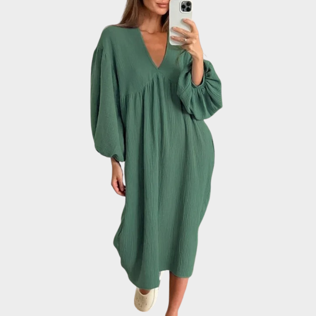 Women’s Long Sleeve Cotton Dress – Loose Fit A-Line Midi Style – Soft Lightweight Fabric – Multiple Colours