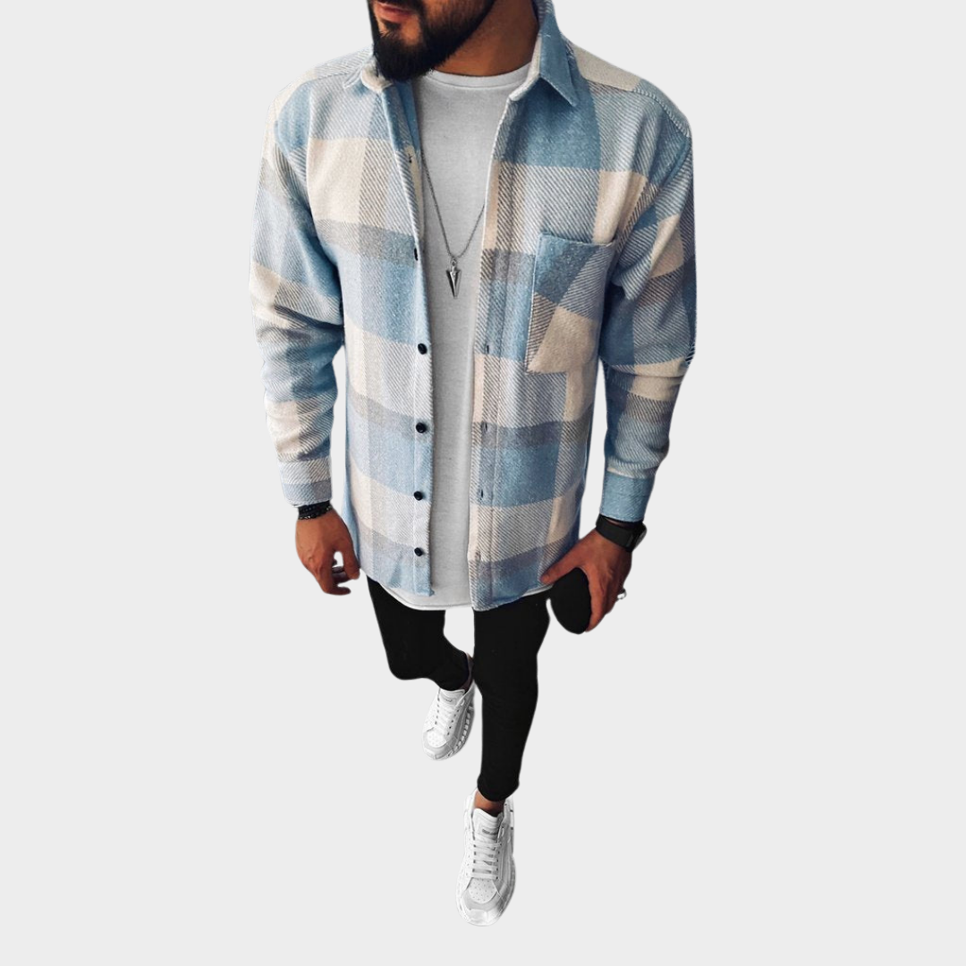 Men’s Long Sleeve Check Shirt – Stand Collar – Button-Up – Casual Jacket – Soft Fabric – Blue