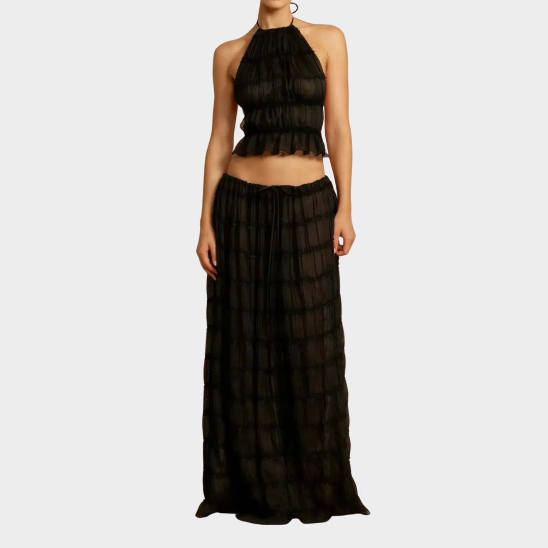 Women Two Piece Dress Set – Backless Ruffle Trim Halter Neck Vest with Long Skirt – Multiple Colours