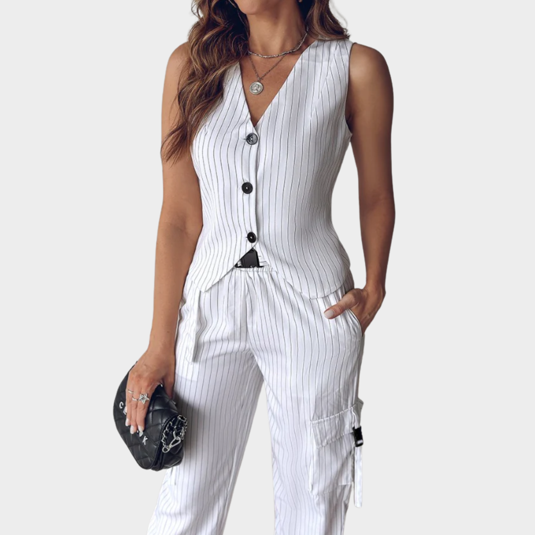 Women’s 2-Piece Vest and Cropped Pants Set – Solid Striped – Button-Up Sleeveless Vest – Cropped Pocket Trousers – Multiple Colours