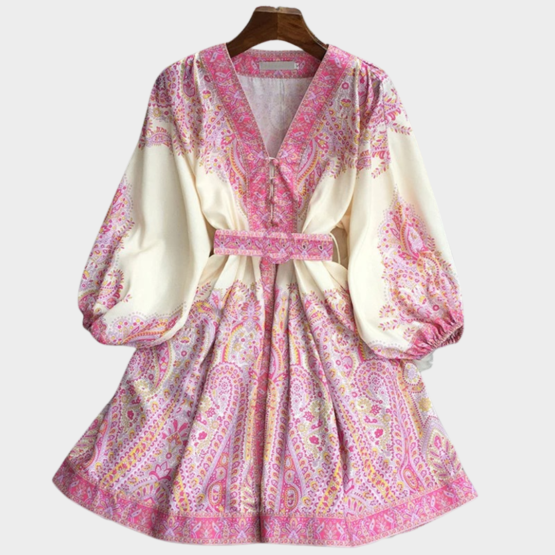 Women Long Printed Dress – V-Neck A-Line Fit with Button-Up Front – Long Sleeved Casual Bohemian Style – Multiple Colours