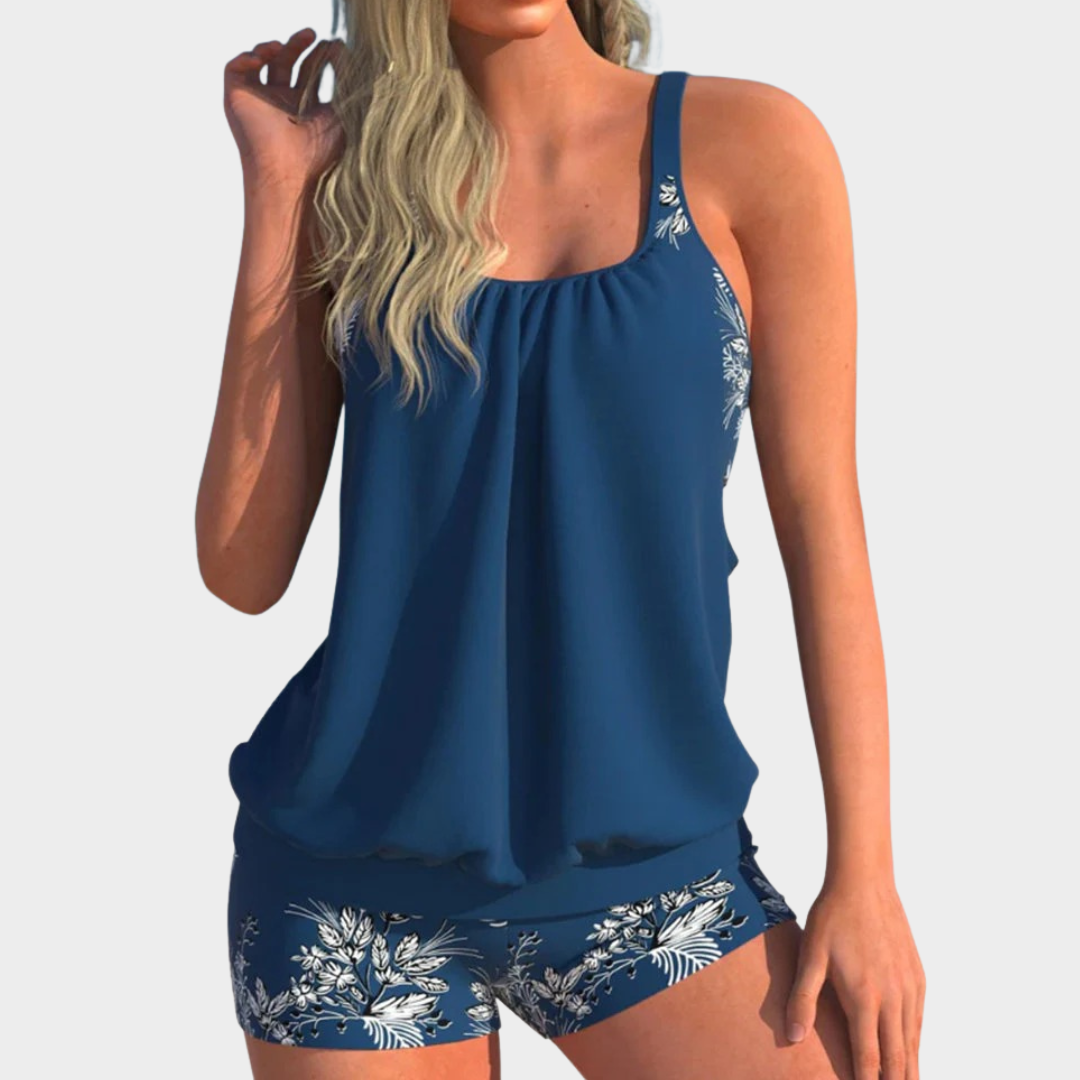 Lily Print Women's Two Piece Swimwear – Lace Up Tank Top and Quadrangle Shorts – Lightweight Fit – Multiple Colours