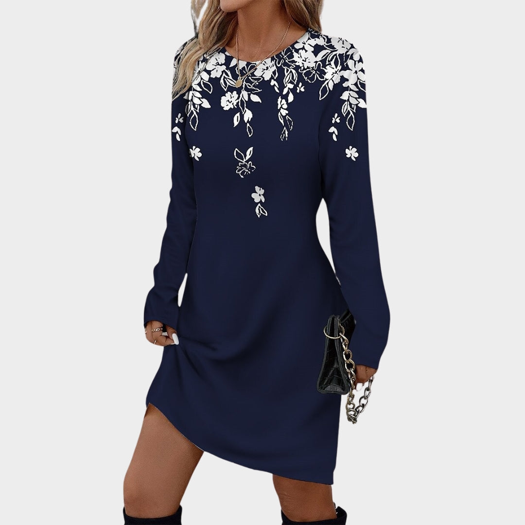 Vintage Print Women’s Dresses – Casual O-neck Long Sleeve Loose Fit Dresses, Black/White, Green/White, Blue/White