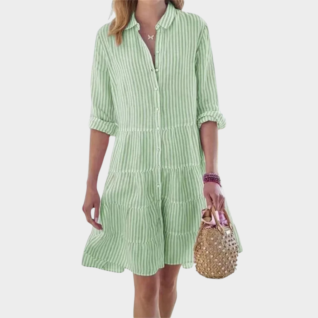 Women’s Long Sleeve Shirred Shirt Dress – Striped Lapel Design with Multi-Layer Patchwork Hem – Multiple Colours