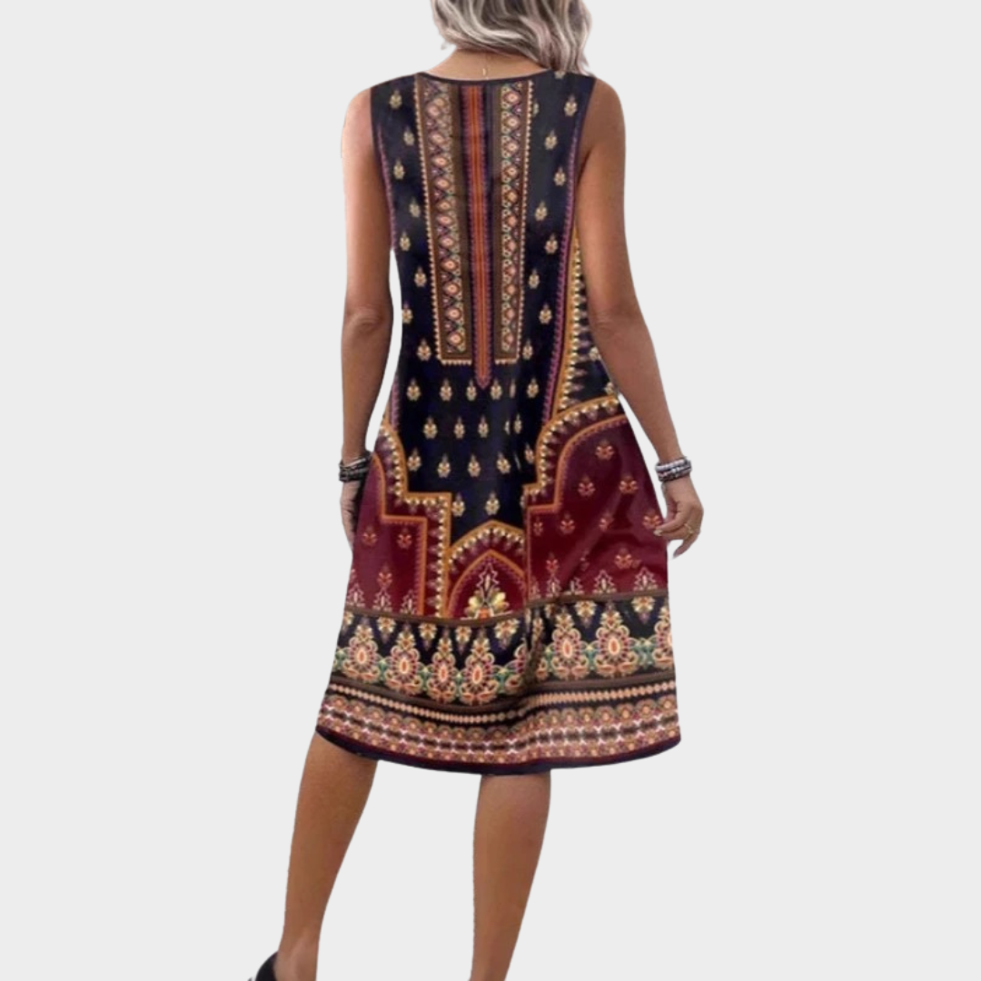 Women’s V-Neck Ethnic Style Dress – Relaxed Fit Printed Midi Dress – Lightweight Cotton-Polyester – Multicolour