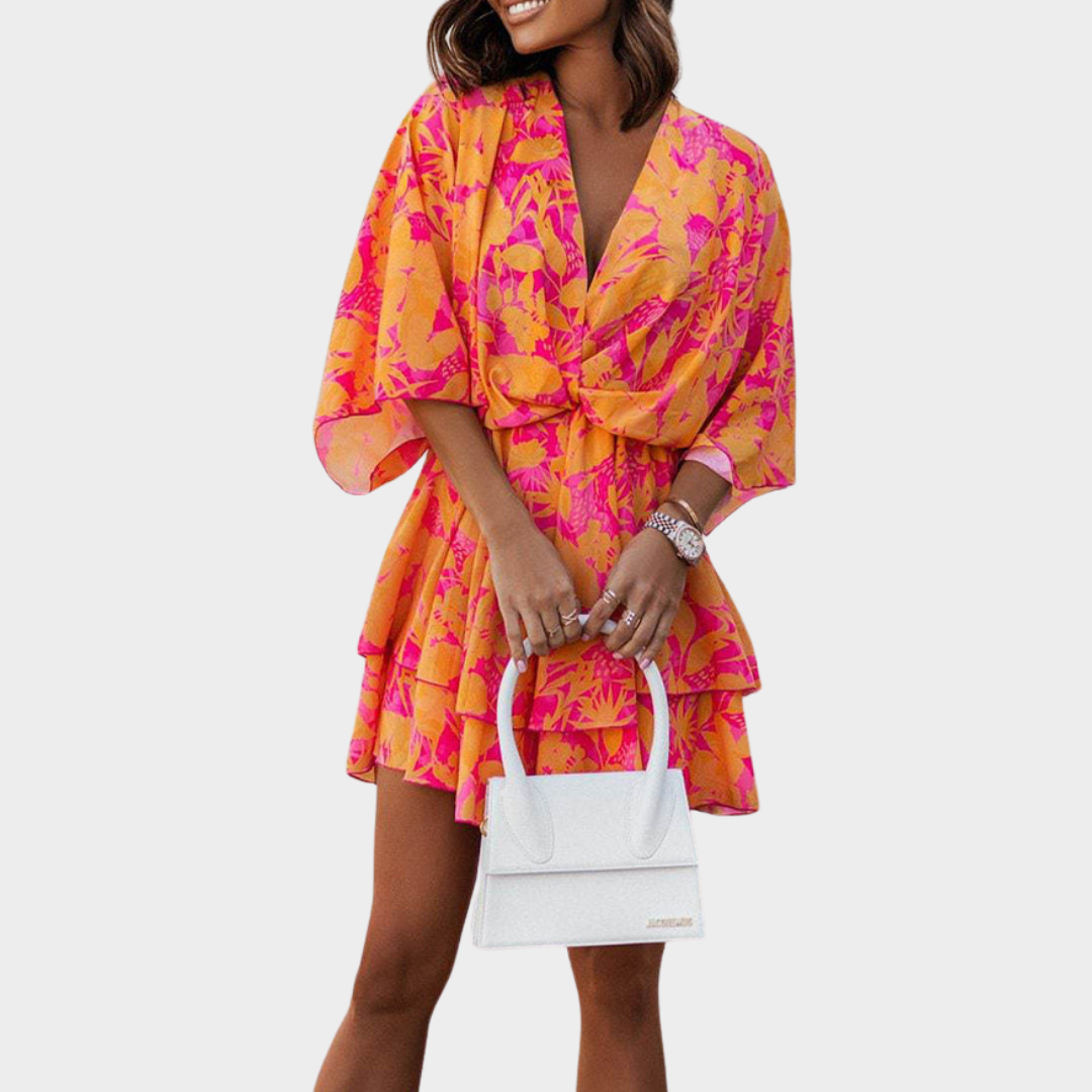 Women's V-Neck Mini Dress - Loose Fit - Bat Sleeve - Printed A-Line - Multiple Colours