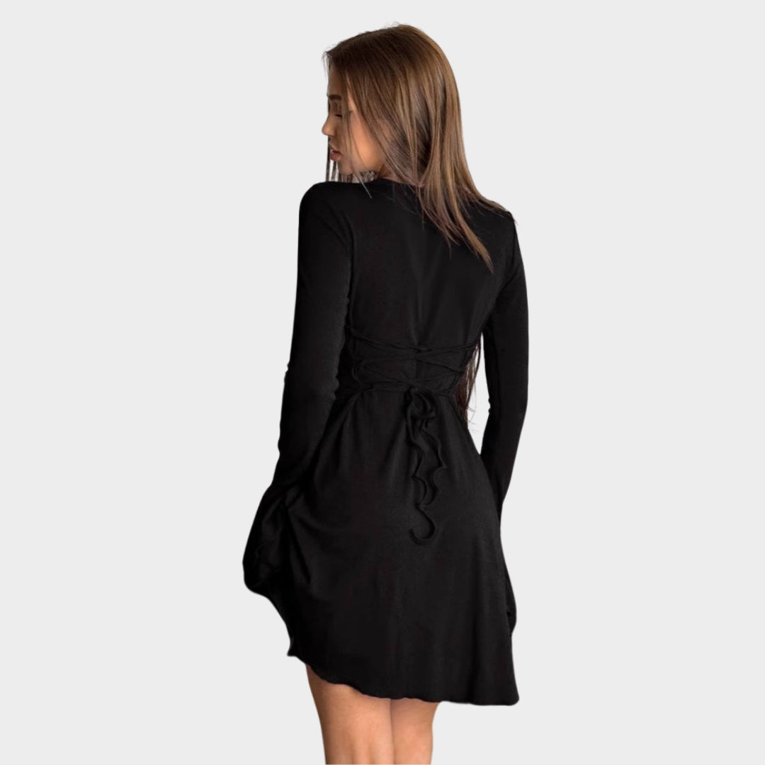 Women's Flared Cuff Mini Dress - Round Neck - Long Sleeve - Fitted & Elegant - Red & Black