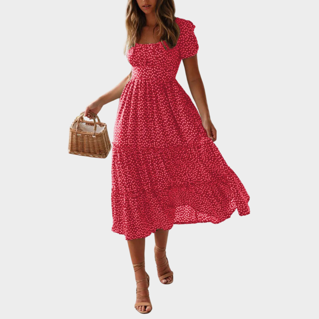 Women's Boho Floral Dress – Square Neck – Puff Sleeve – Chiffon – Elegant Party & Beachwear – Multiple Colours