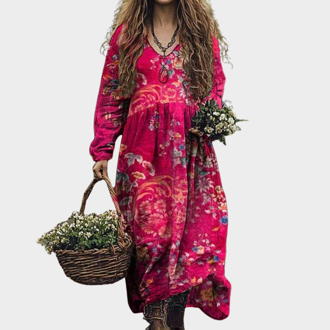 Women’s V-Neck A-Line Dress – Long Sleeve Pullover with Ethnic Vintage Print – Loose Fit Party Style – Soft Lightweight Fabric – Multiple Colours
