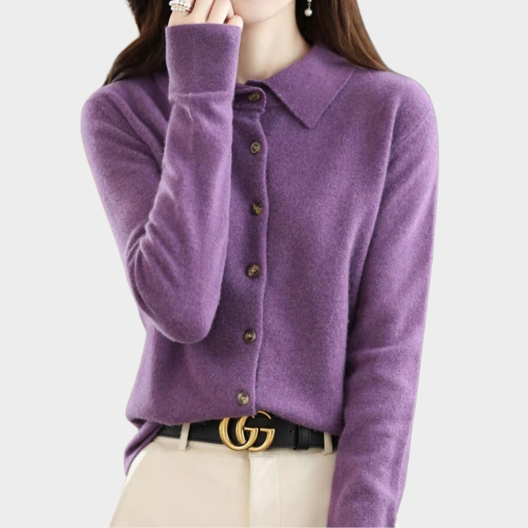 Women’s Merino Wool Cardigan – Soft Knit Polo Neck Sweater with Loose Fit Office Casual Top – Multiple Colours