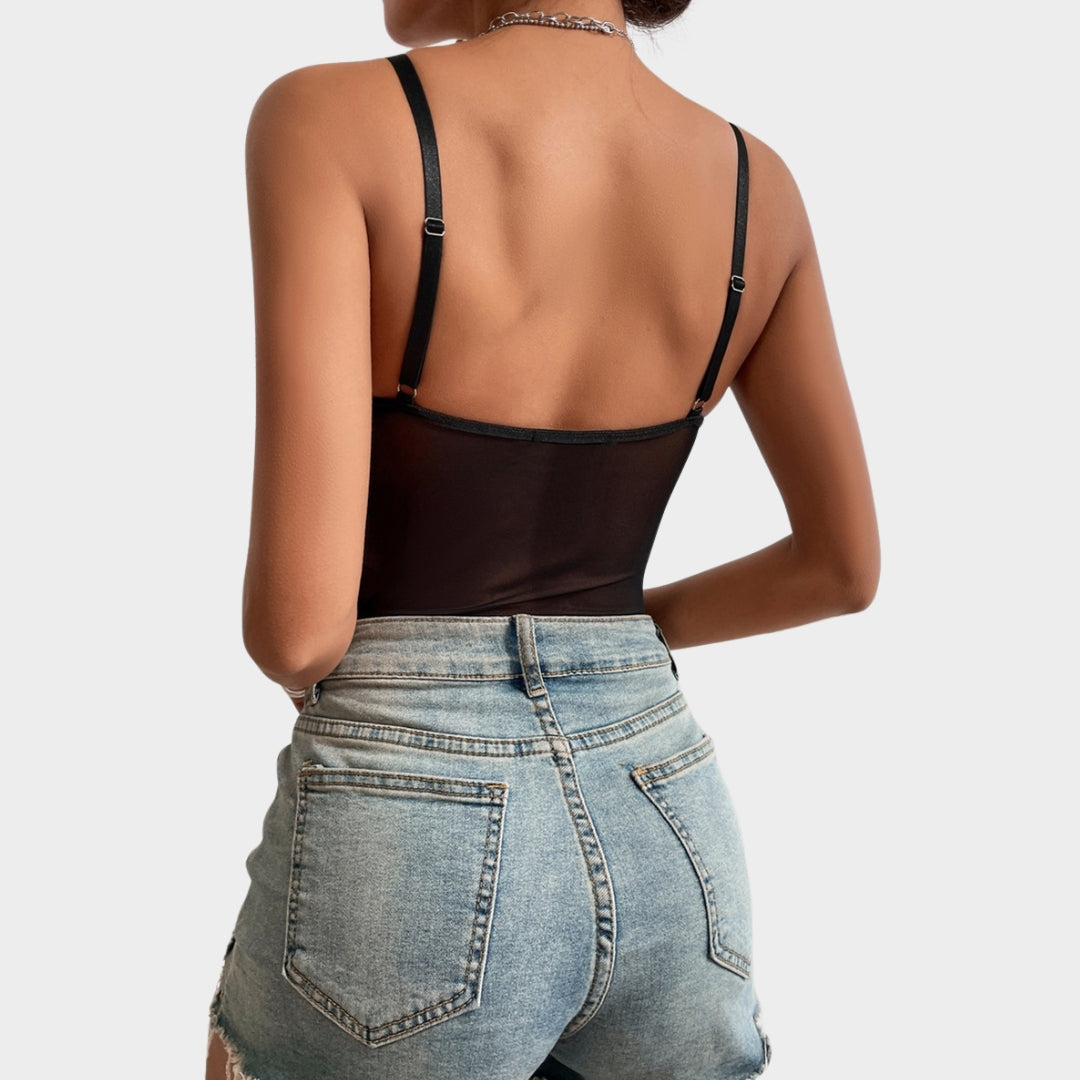 Women's Sheer Mesh Corset Bodysuit - Adjustable Straps - Padded Bustier Top - Slim Fit & Supportive