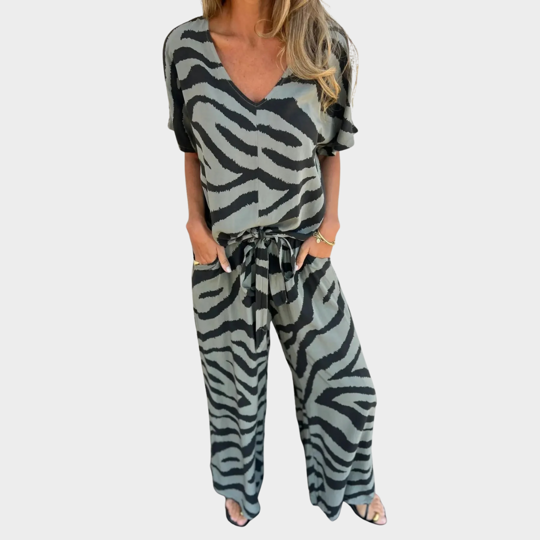 Women Two-Piece Zebra Print Suit – V-Neck Lace-Up Top Wide-Leg Trousers – Lightweight Fit Polyester – Multiple Colours